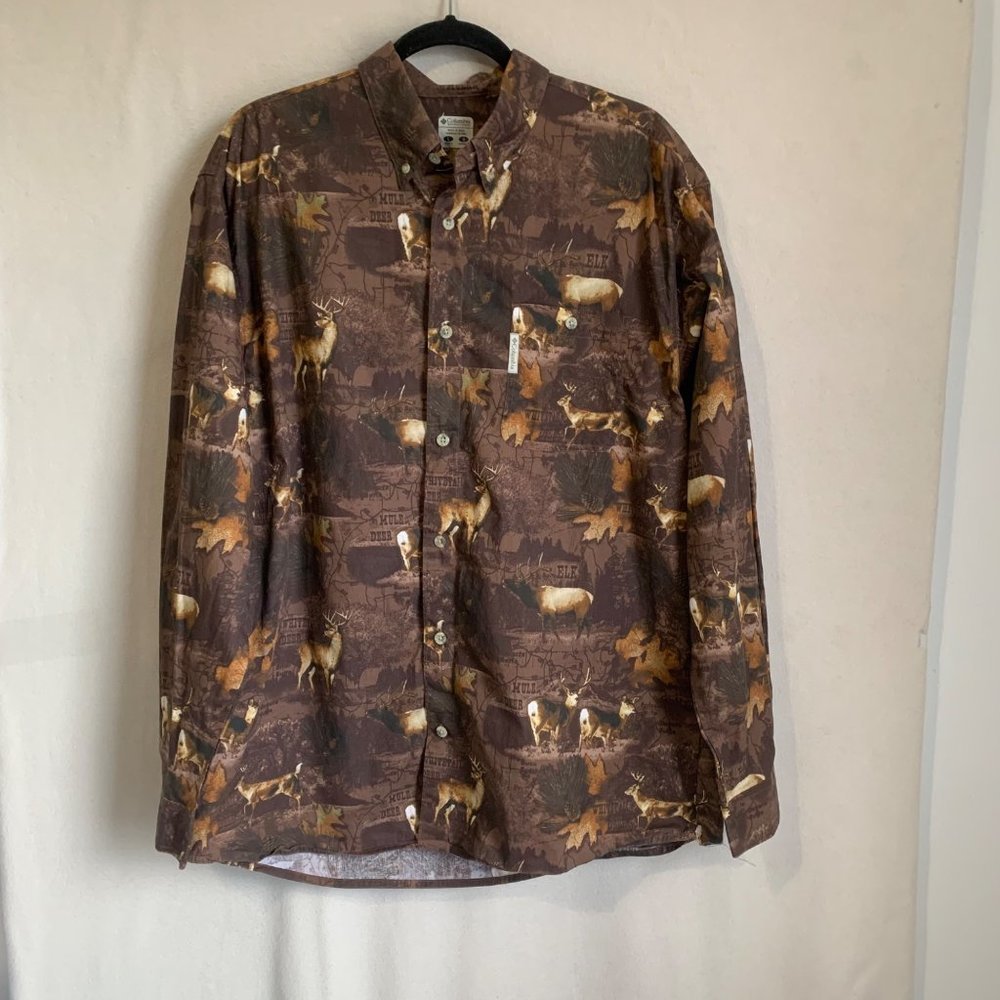 Columbia Hunting Gear Men’s Button Up Large Brown Elk Dear Woods Print Heavyweig